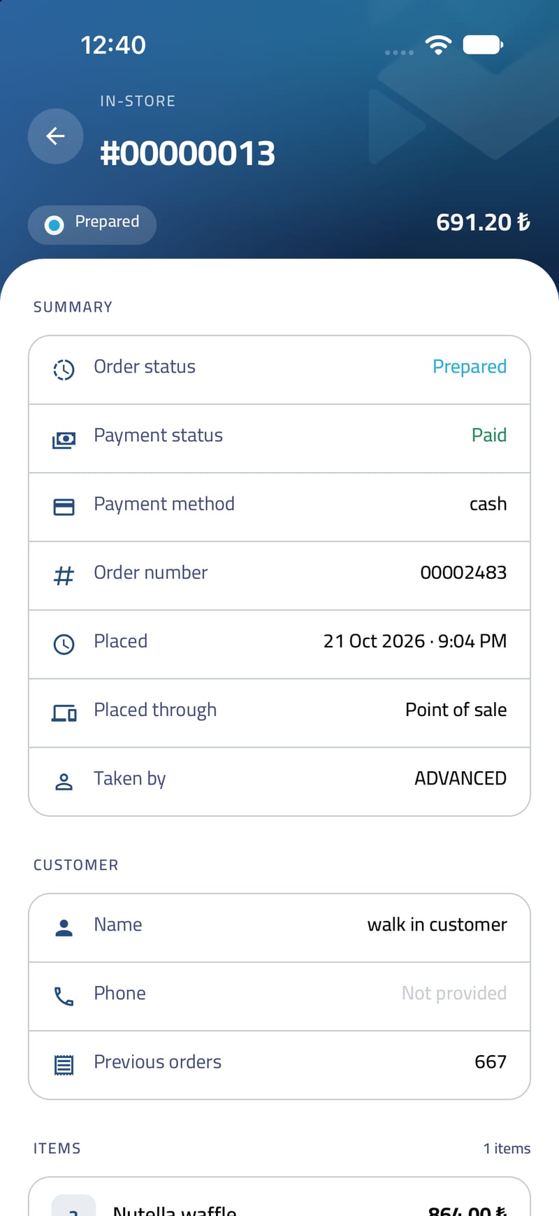 Order detail — Step into any order — items, totals and logs.