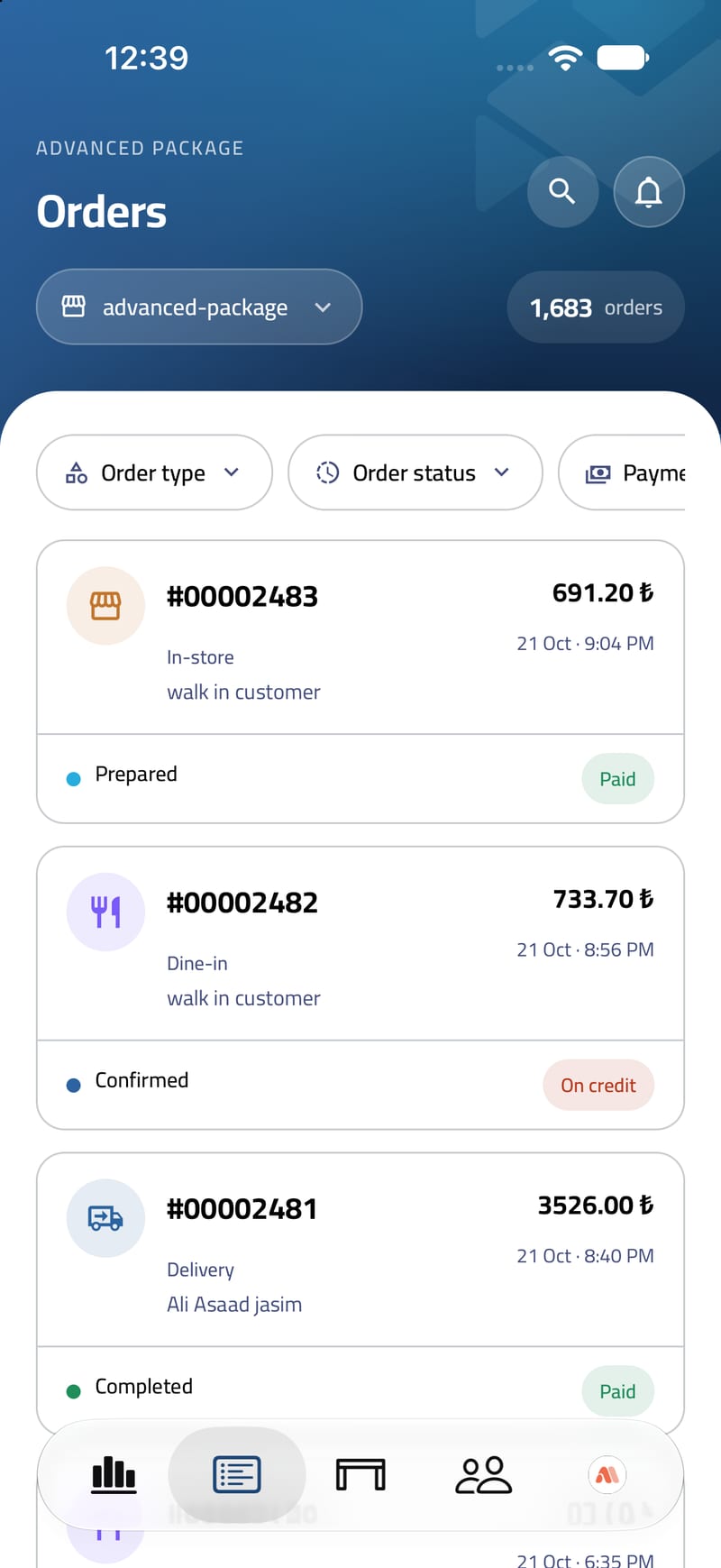 Orders — Every order, by status and total.